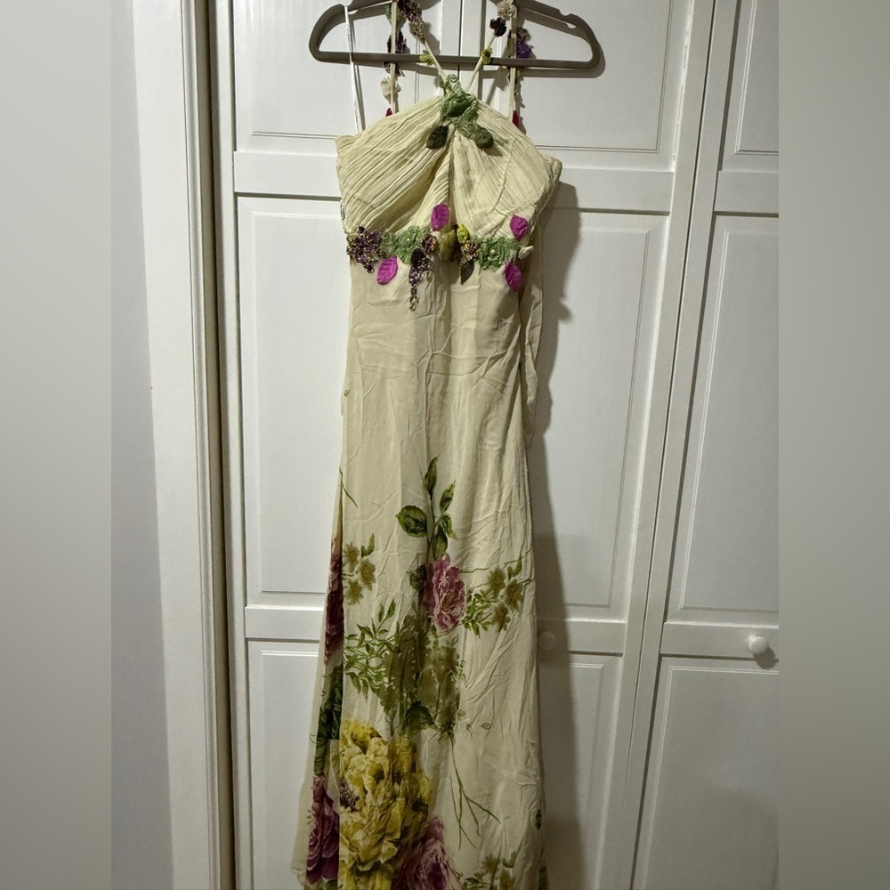 Elegant Cream Floral Maxi Dress with Green and Pink Accents